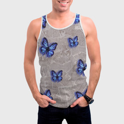 Мужская майка 3D Газетные обрывки и синие бабочки - фото 2