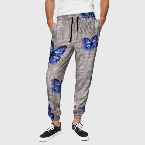 Мужские брюки 3D Газетные обрывки и синие бабочки, цвет 3D печать - фото 4