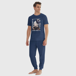 Пижама с принтом God of Justice для мужчины, вид на модели спереди №3. Цвет основы: темно-синий