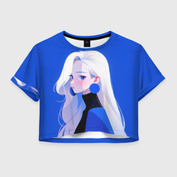 Женская футболка Crop-top 3D Аниме девушка беловолосая в синем