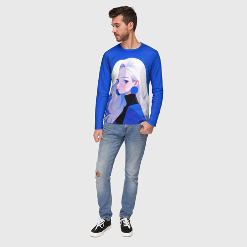 Мужской лонгслив 3D Аниме девушка беловолосая в синем, цвет 3D печать - фото 5