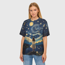 Женская футболка oversize 3D Девушка и звездная ночь - фото 2