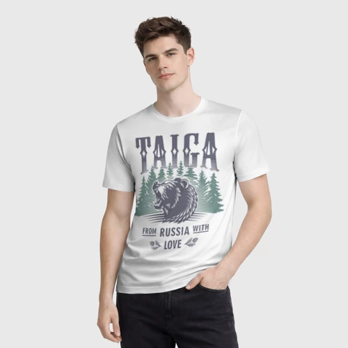 Мужская футболка 3D с принтом Тайга - из России с любовью, фото на моделе #1
