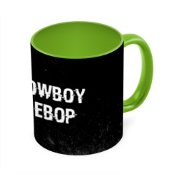 Кружка с полной запечаткой Cowboy Bebop glitch на темном фоне: надпись и символ