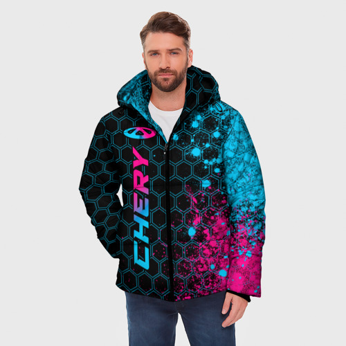 Мужская зимняя куртка 3D с принтом Chery - neon gradient: по-вертикали, фото на моделе #1