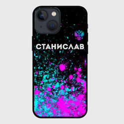Чехол для iPhone 13 mini Станислав и неоновый герб России: символ сверху
