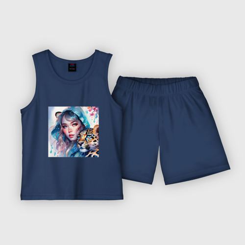 Детская пижама с шортами хлопок Девушка и леопард - нейросеть, цвет темно-синий