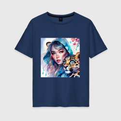Женская футболка хлопок Oversize Девушка и леопард - нейросеть