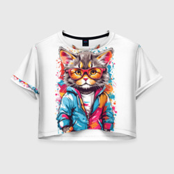 Женская футболка Crop-top 3D Котик в очках - брызги красок