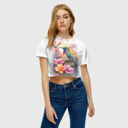 Женская футболка Crop-top 3D Колибри и цветы - акварель - фото 2