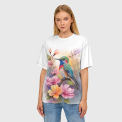 Женская футболка oversize 3D Колибри и цветы - акварель - фото 2