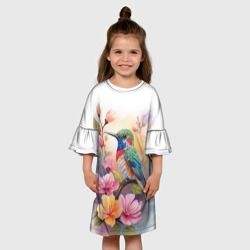 Детское платье 3D Колибри и цветы - акварель - фото 2