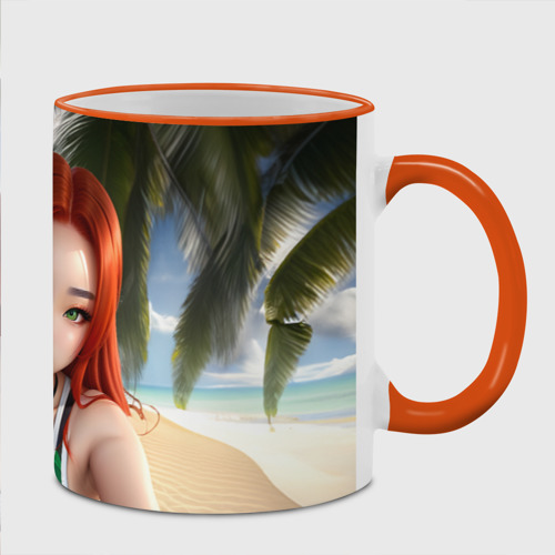 Кружка с полной запечаткой Девушка с рыжими волосами на пляже, цвет Кант оранжевый