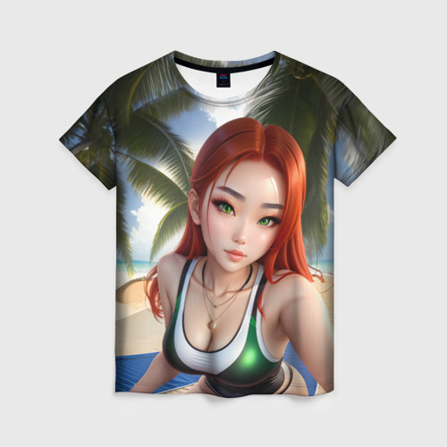 Женская футболка 3D Девушка с рыжими волосами на пляже, цвет 3D печать