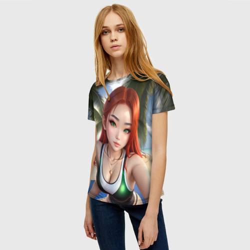 Женская футболка 3D Девушка с рыжими волосами на пляже, цвет 3D печать - фото 3