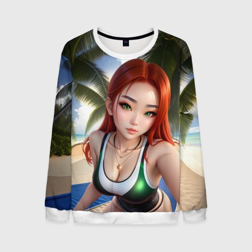 Мужской свитшот 3D Девушка с рыжими волосами на пляже, цвет белый