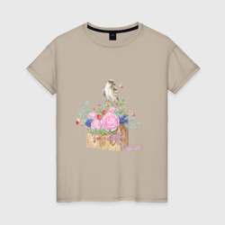 Женская футболка хлопок Акварель: Птичка и цветы