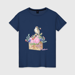 Акварель: Птичка и цветы – Женская футболка хлопок с принтом купить со скидкой в -20%