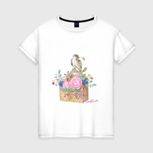 Женская футболка из хлопка с принтом Акварель: Птичка и цветы, вид спереди №1