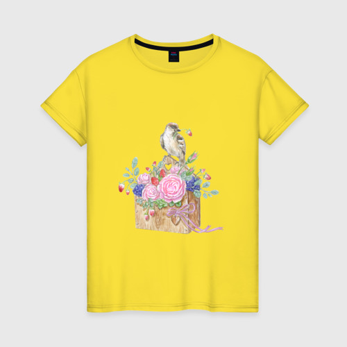 Женская футболка хлопок с принтом Акварель: Птичка и цветы, вид спереди #2