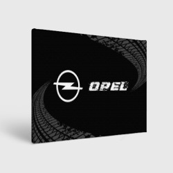 Холст прямоугольный Opel Speed на темном фоне со следами шин: надпись и символ