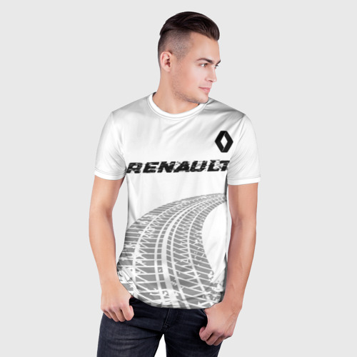 Мужская футболка 3D Slim Renault Speed на светлом фоне со следами шин: символ сверху, цвет 3D печать - фото 3