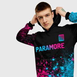Толстовка с принтом Paramore - neon gradient: символ сверху для мужчины, вид на модели спереди №3. Цвет основы: черный