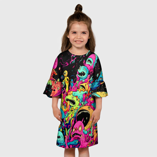 Детское платье 3D с принтом Космические зубастые монстры, вид сбоку #3