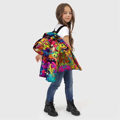 Зимняя куртка для девочек 3D с принтом Космические зубастые чудовища, фото #4
