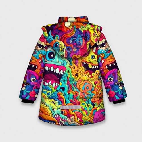 Зимняя куртка для девочек 3D с принтом Космические зубастые чудовища, вид сзади #1