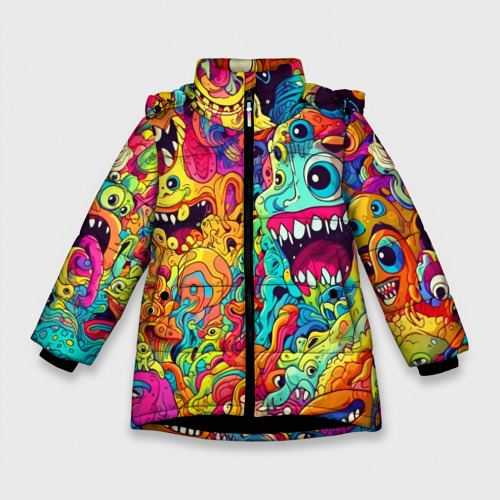Зимняя куртка для девочек 3D с принтом Космические зубастые чудовища, вид спереди #2