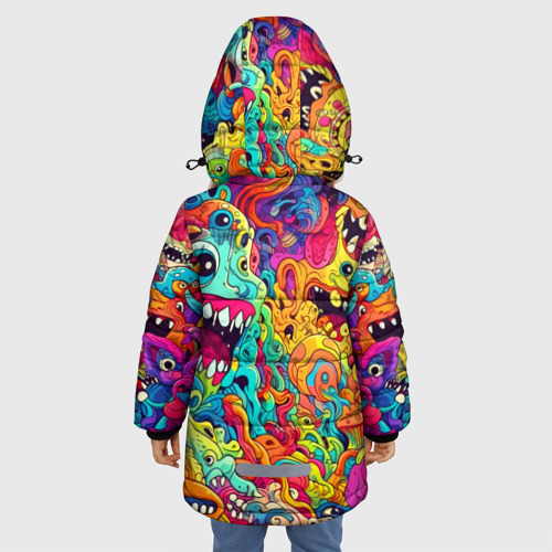 Зимняя куртка для девочек 3D с принтом Космические зубастые чудовища, вид сзади #2
