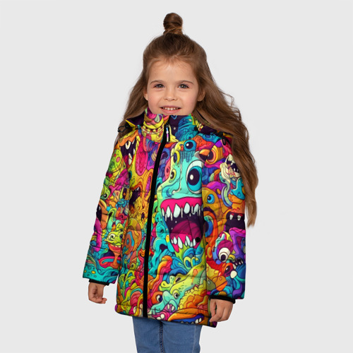 Зимняя куртка для девочек 3D с принтом Космические зубастые чудовища, фото на моделе #1