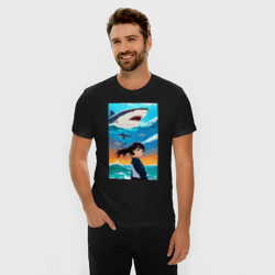Мужская футболка хлопок Slim Маленькая девочка и белая акула - фото 2