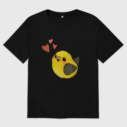 Женская футболка хлопок Oversize Птичка иволга с сердечками
