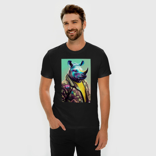 Мужская футболка хлопок Slim Модный носорог - нейросеть, цвет черный - фото 3