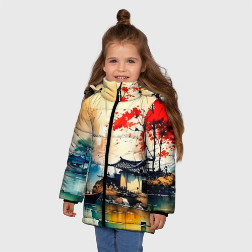 Зимняя куртка для девочек 3D с принтом Краски природы, фото на моделе #1