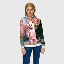 Толстовка с принтом Милая панда в пуховике для женщины, вид на модели спереди №2. Цвет основы: белый