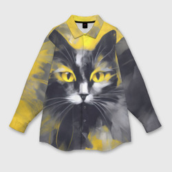 Мужская рубашка oversize 3D Нарисованный черно-желтый кот