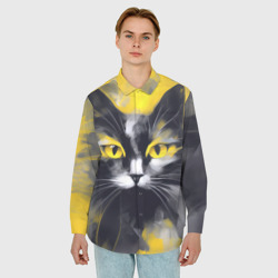 Мужская рубашка oversize 3D Нарисованный черно-желтый кот - фото 2