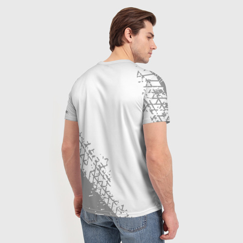 Мужская футболка 3D с принтом Geely speed на светлом фоне со следами шин: надпись, символ, вид сзади #2