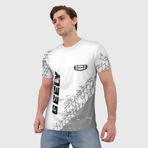 Мужская футболка 3D с принтом Geely speed на светлом фоне со следами шин: надпись, символ, фото на моделе #1