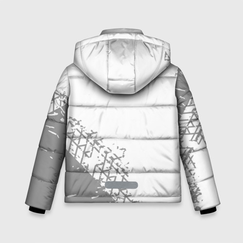 Зимняя куртка для мальчиков 3D с принтом Geely speed на светлом фоне со следами шин: надпись, символ, вид сзади #1