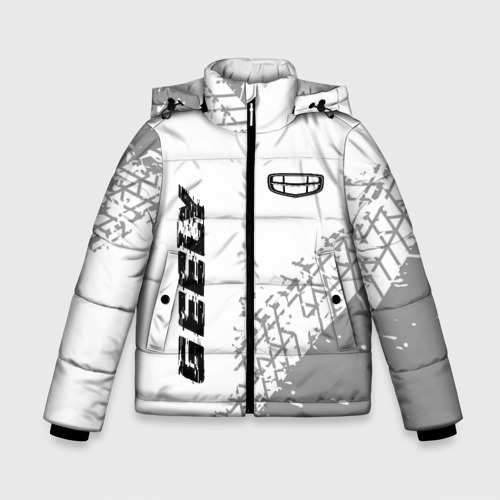Зимняя куртка для мальчиков 3D с принтом Geely speed на светлом фоне со следами шин: надпись, символ, вид спереди #2