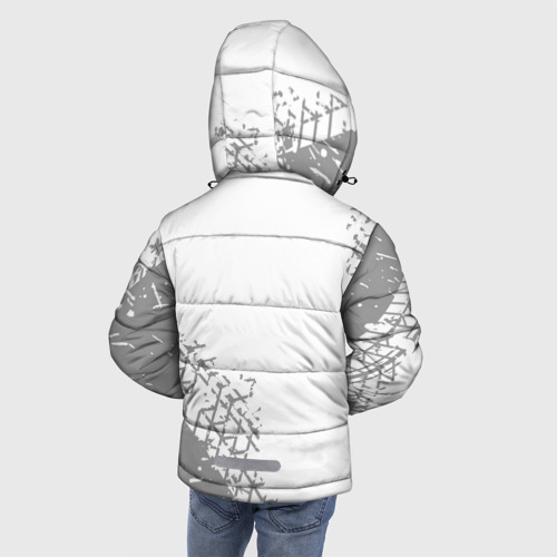 Зимняя куртка для мальчиков 3D с принтом Geely speed на светлом фоне со следами шин: надпись, символ, вид сзади #2