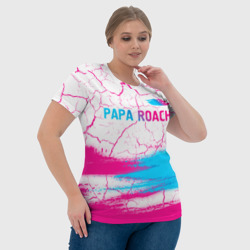 Футболка с принтом Papa Roach neon gradient style: символ сверху для женщины, вид на модели спереди №4. Цвет основы: белый