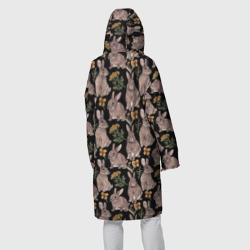 Дождевик с принтом Зайцы и пижма для женщины, вид на модели сзади №2. Цвет основы: белый