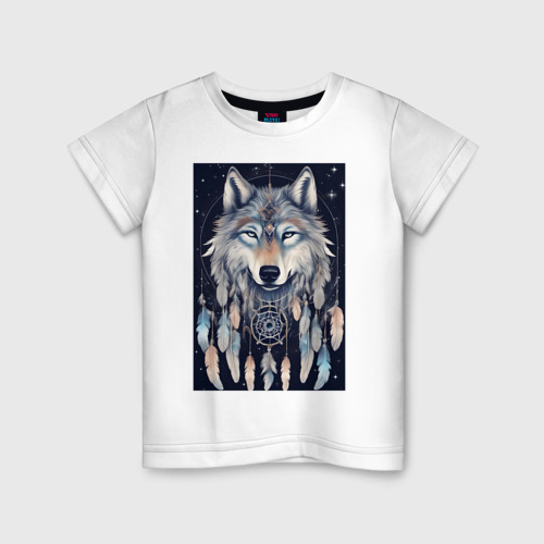 Детская футболка из хлопка с принтом Шаман волк, вид спереди №1