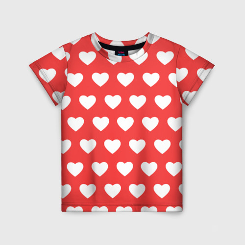 Детская футболка 3D с принтом Сердечки на красном фоне, вид спереди #2