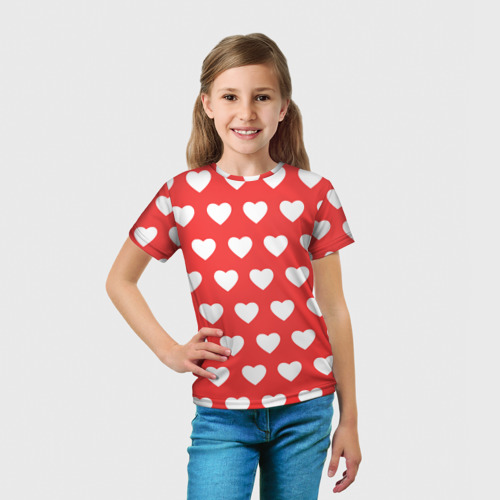 Детская футболка 3D с принтом Сердечки на красном фоне, вид сбоку #3